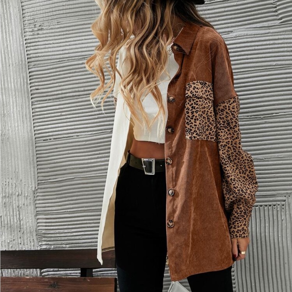 Cozy Corduroy  Oversized Relaxed fit Leopard Print Patch Work Button Down Shirt - Picture 12 of 16